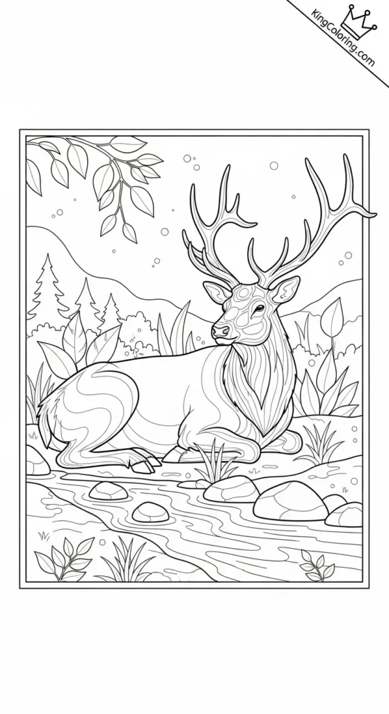 Elk Lying Near Stream Coloring Page.