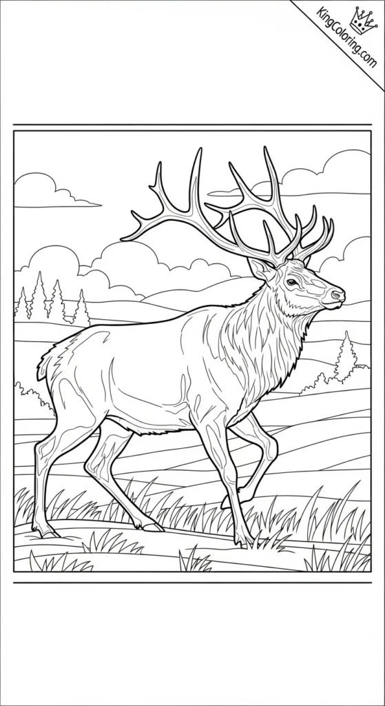 Elk Mid-Stride Across Plains Coloring Sheet.
