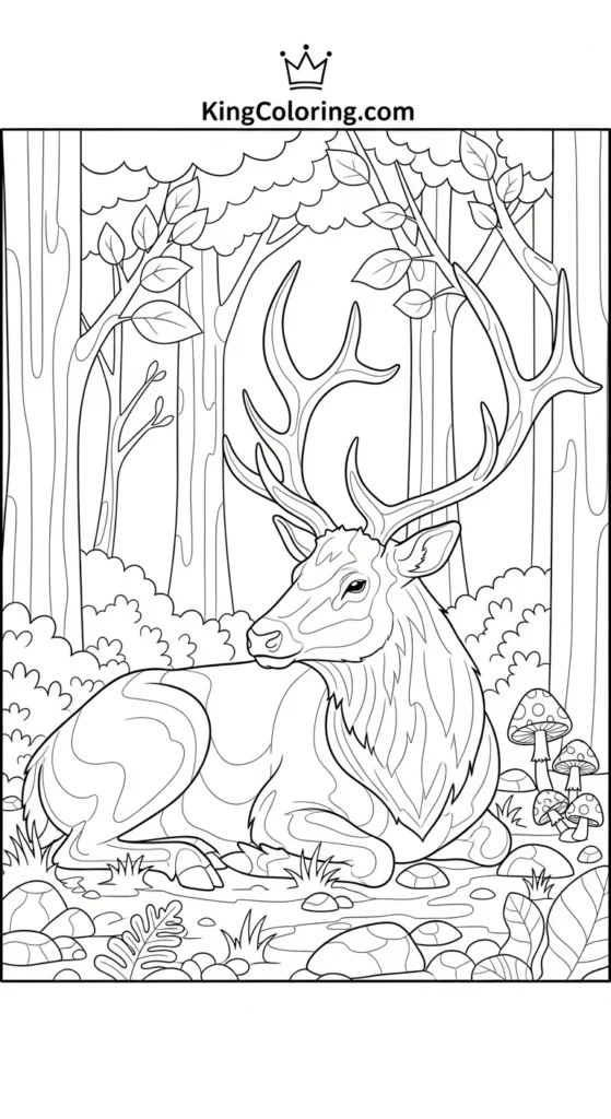 Elk Resting On Forest Floor Coloring Page.