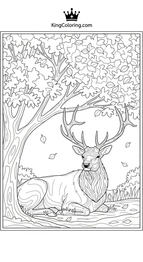 Elk Resting Under Autumn Tree Coloring Page