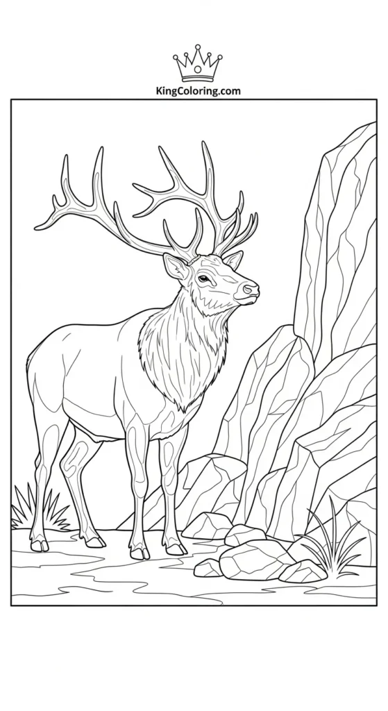 Elk Standing Beside Rocky Outcrop Printable Coloring Page.