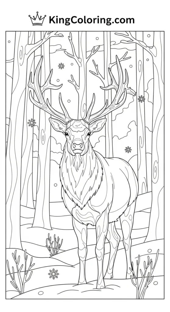 Elk Standing In Snow-Covered Forest Coloring Sheet.