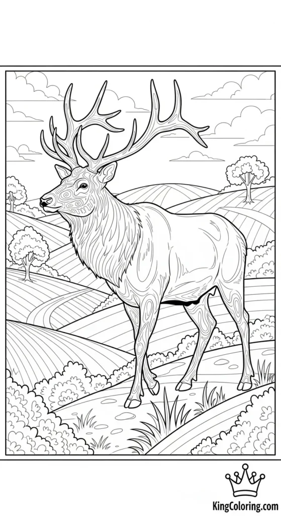 Elk Walking Across Countryside Hills Coloring Page.
