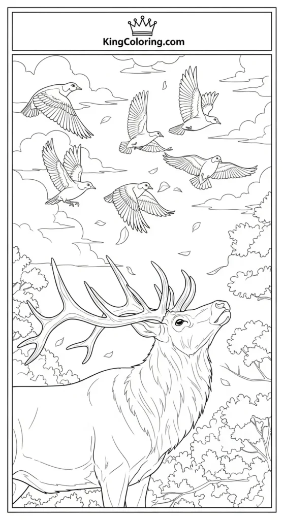 Elk Watching Birds Fly Above Coloring Sheet.