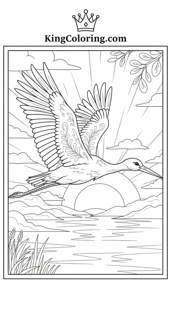 Flying Over A Sunset Lake – Stork Coloring Sheet