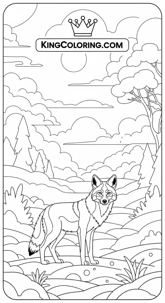 Foggy Morning With A Silent Coyote Printable Coloring Page