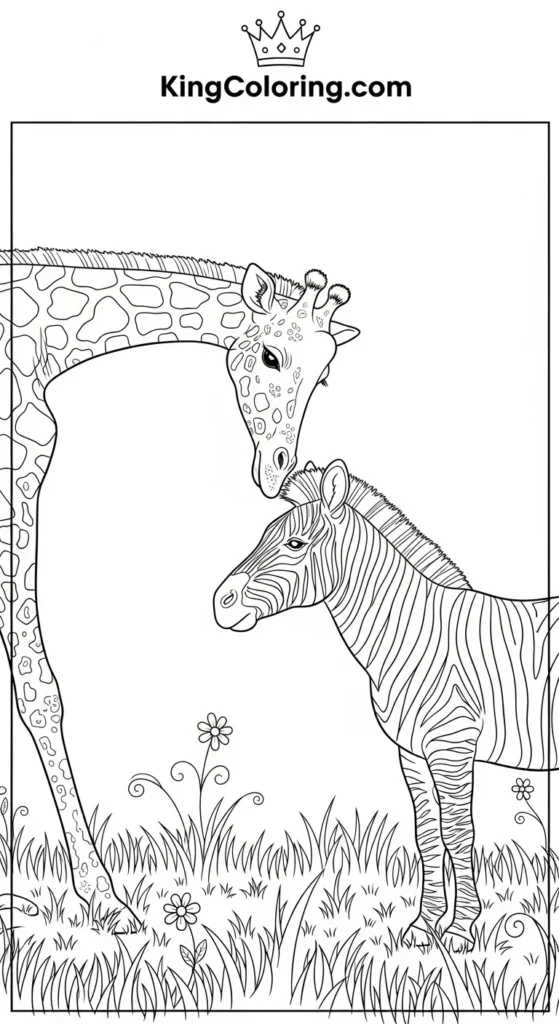 Giraffe And Zebra Sharing Meadow Coloring Sheet