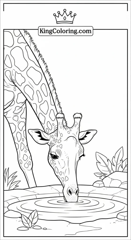 Giraffe Drinking From Small Waterhole Coloring Page