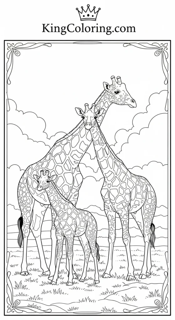 Giraffe Family Grazing In Open Plains Coloring Sheet