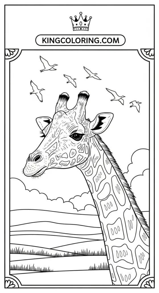 Giraffe Looking At Birds Flying Over Plains Printable Coloring Page