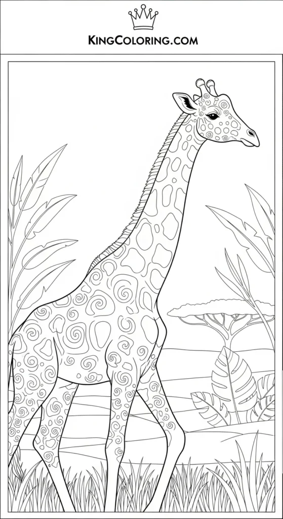 Giraffe Mid-Step Walking Through Savannah Coloring Sheet