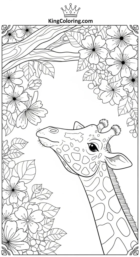 Giraffe Reaching For Tree Flowers Coloring Sheet