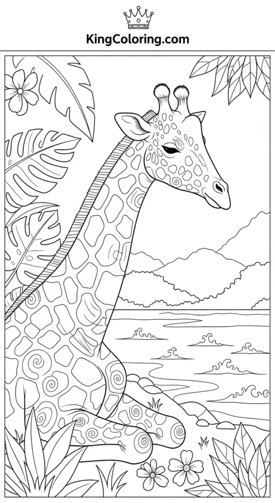 Giraffe Resting Near Riverbank Coloring Page