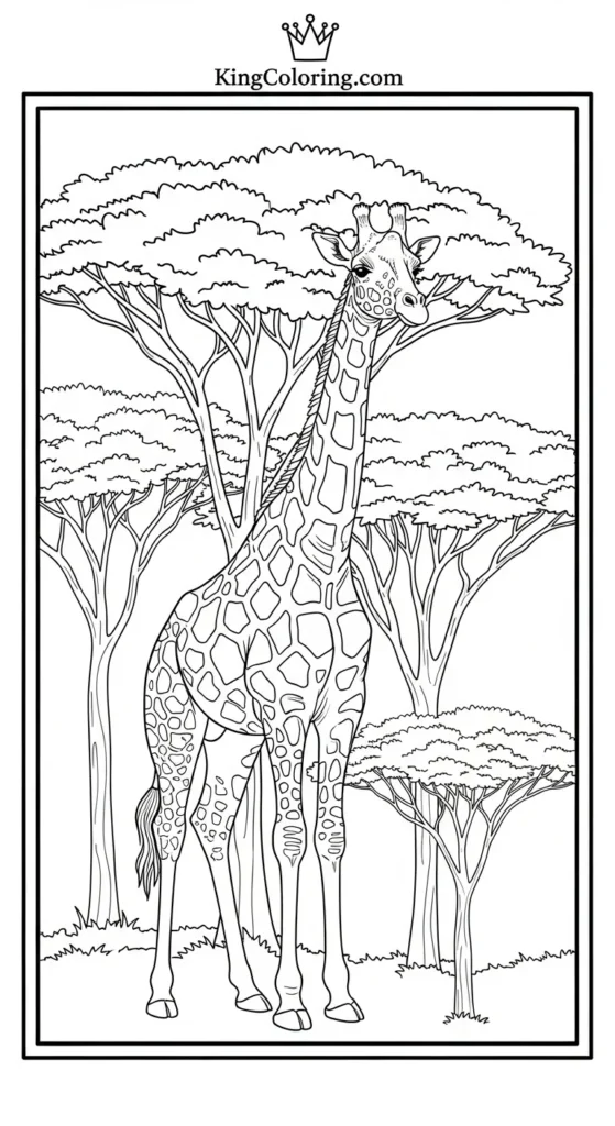 Giraffe Standing Tall Among Acacia Trees Coloring Page