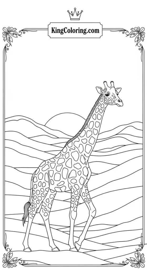 Giraffe Walking Across Sunset Hills Printable Coloring Page