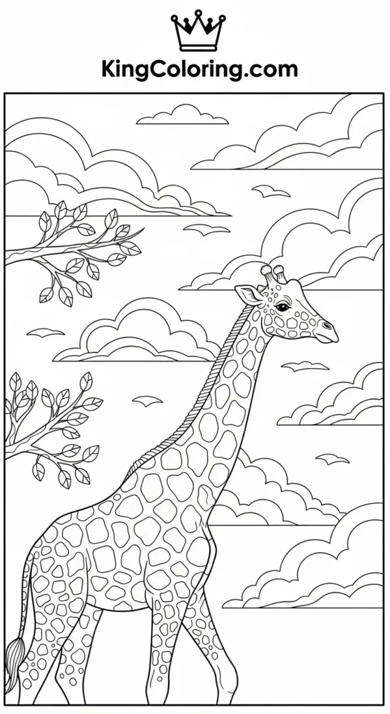 Giraffe Walking Under Cloudy Sky Coloring Page