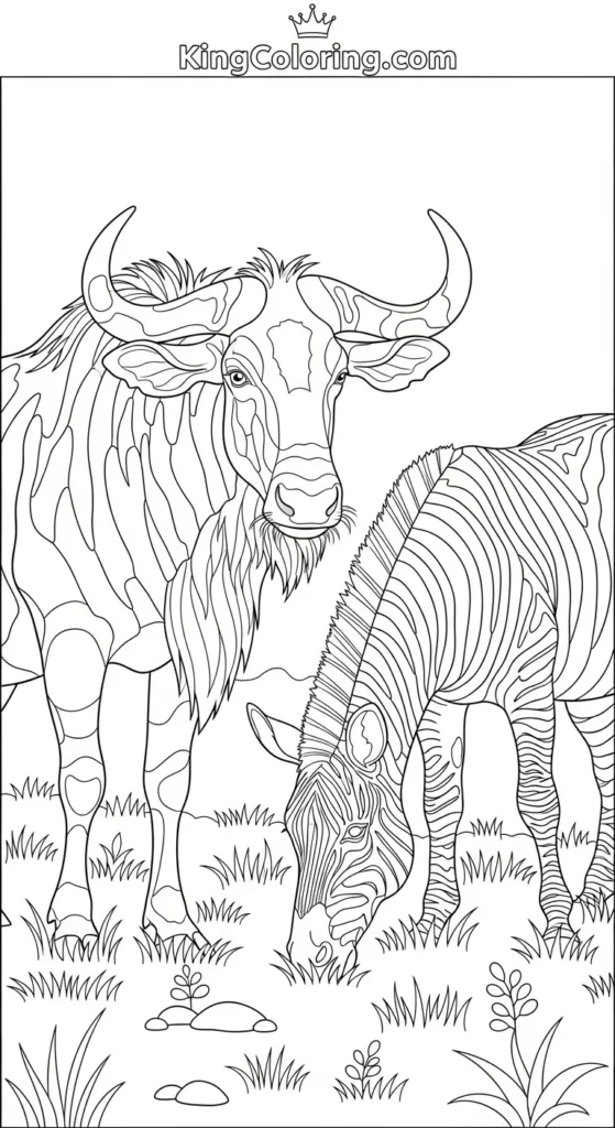 Gnu And Zebra Sharing Pasture Coloring Page.
