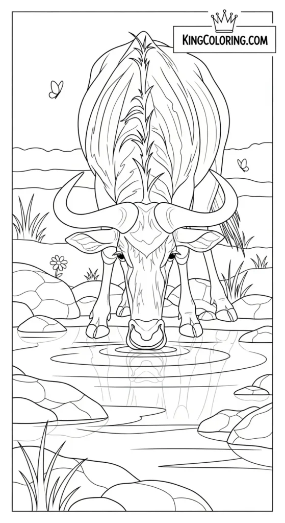 Gnu Drinking From A Quiet Waterhole Printable Coloring Page.