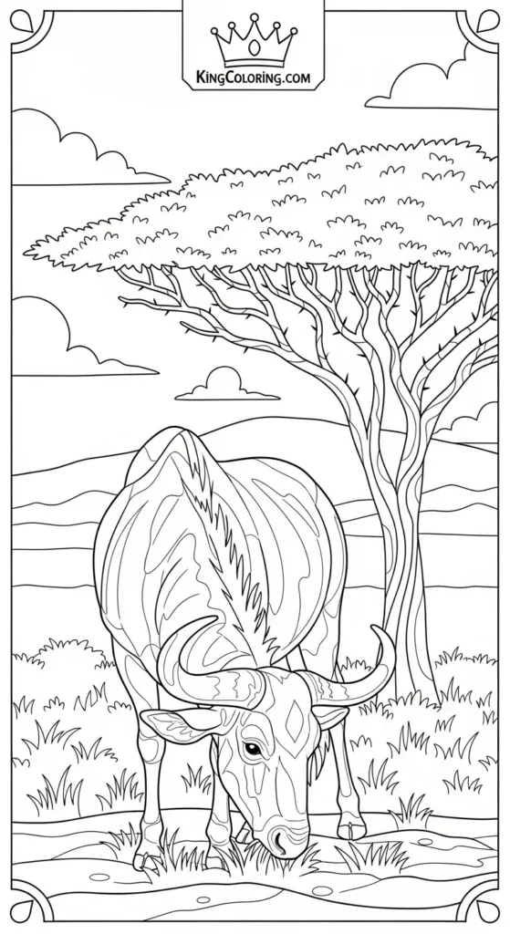 Gnu Grazing Near Acacia Tree Coloring Page.