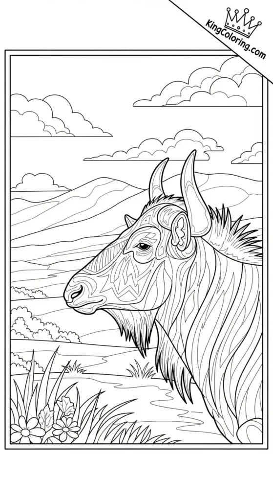 Gnu Looking Toward Distant Hills Coloring Sheet.