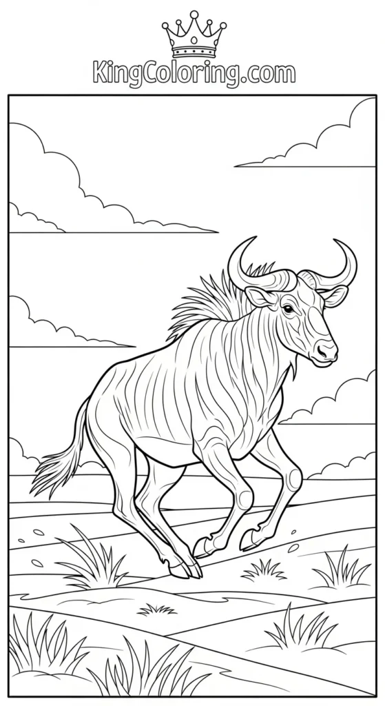 Gnu Mid-Run Across Plains Coloring Sheet.