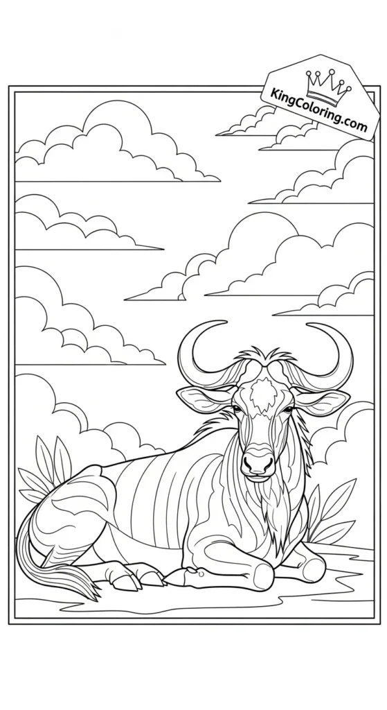Gnu Resting Under Cloudy Sky Coloring Page