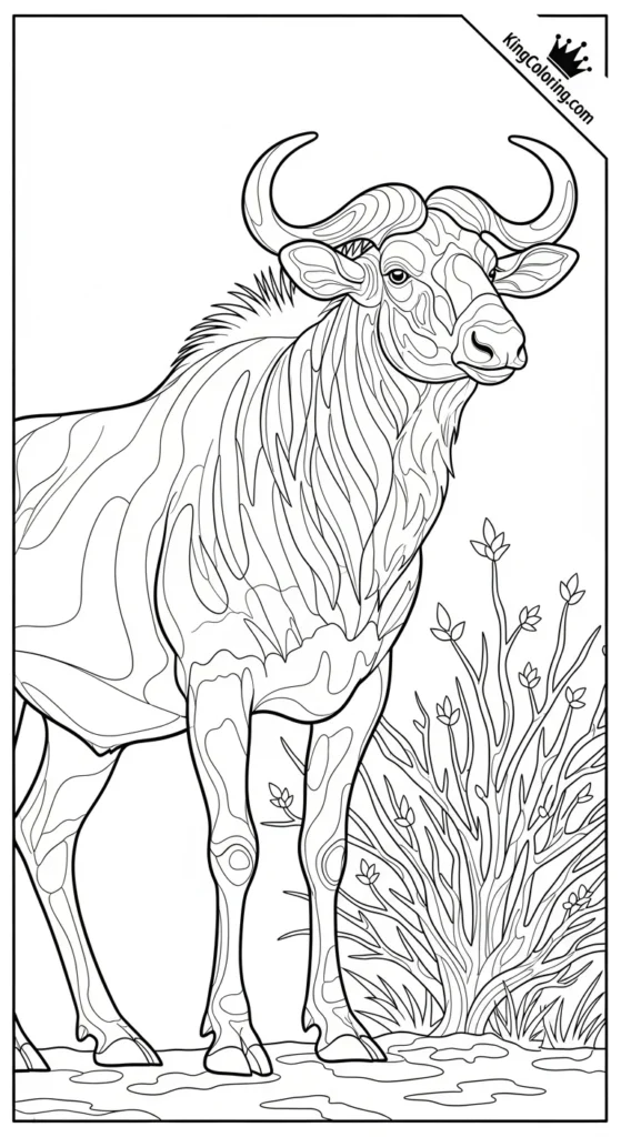 Gnu Standing Near Dry Bush Printable Coloring Page.