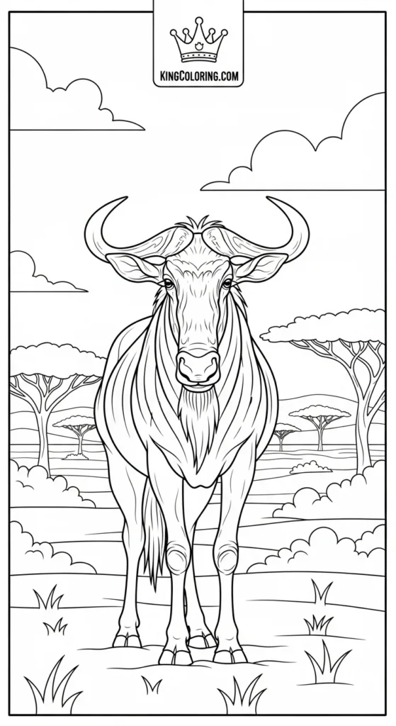Gnu Standing On Open Savannah Coloring Page.
