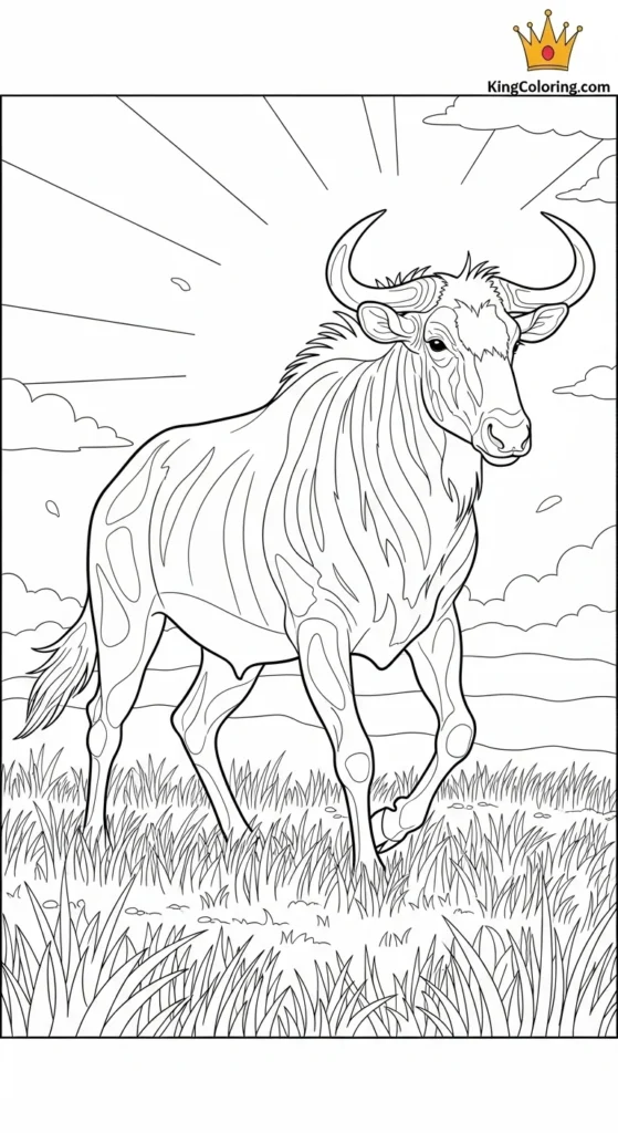 Gnu Trotting Across Golden Grass Printable Coloring Page