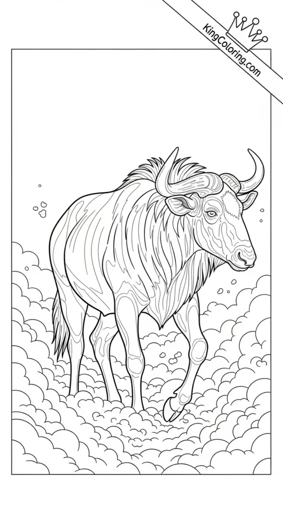 Gnu Walking Through Morning Fog Coloring Sheet.