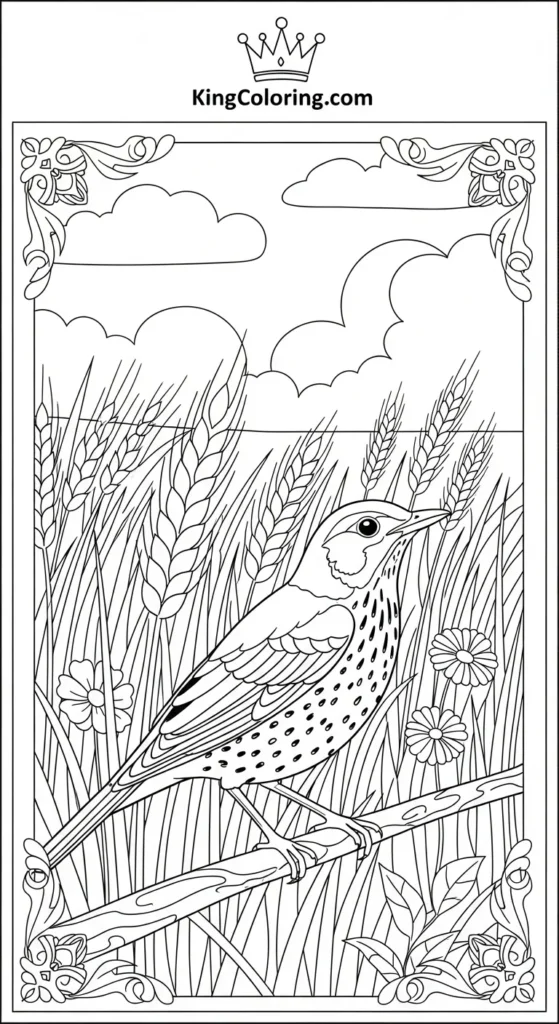 Golden Field Scene Featuring A Thrush Coloring Sheet.