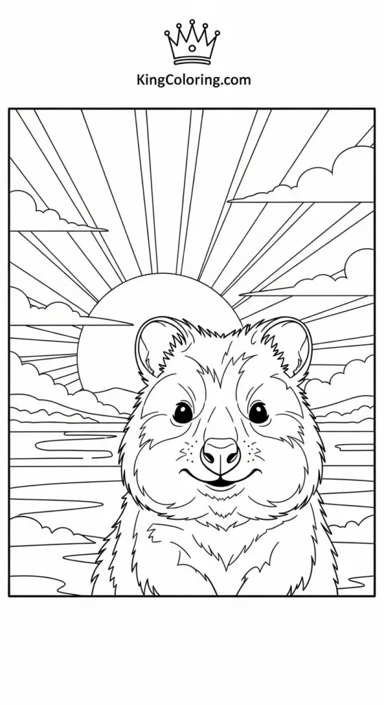 Golden Sunset Behind A Calm Quokka Coloring Page.