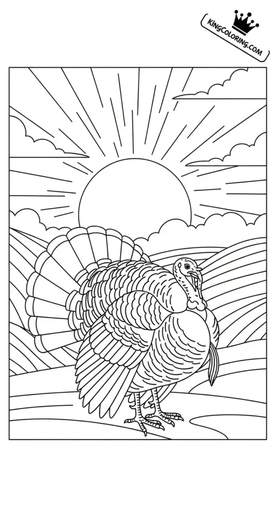 Golden Sunset Behind A Lone Turkey Coloring Page