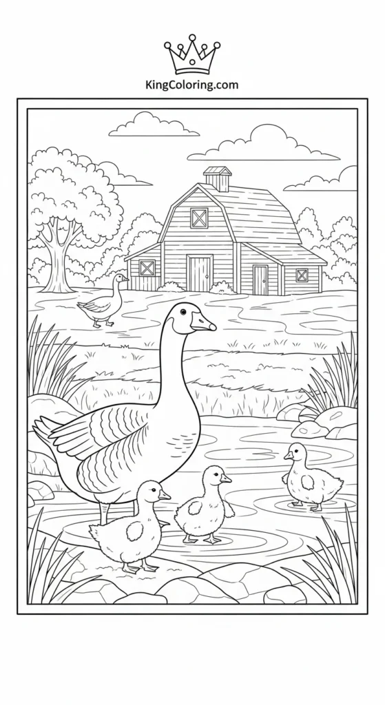 Goose Family Near Farm Pond Coloring Page