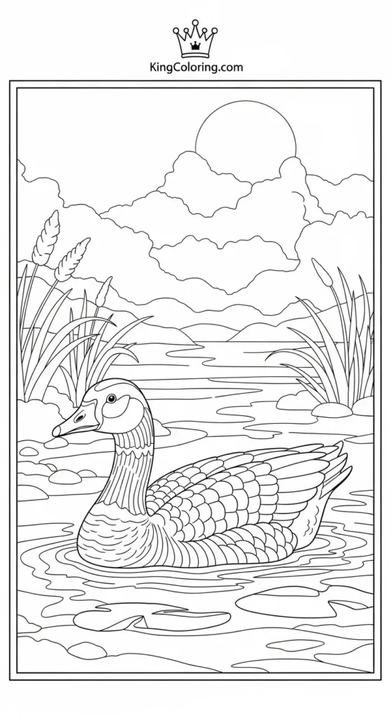 Goose Swimming On Pond Coloring Page