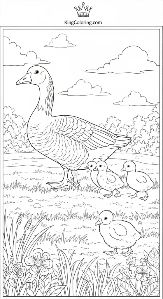 Goose With Goslings Walking Through Grass Coloring Page For All Ages