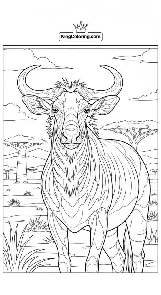 In The African Wild, A Watchful Gnu Coloring Sheet