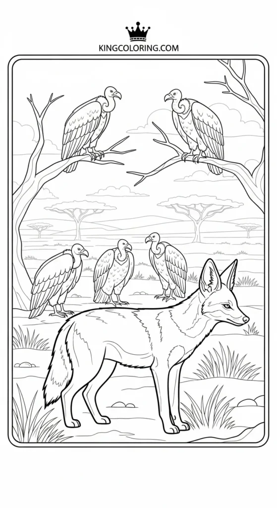 Jackal And Vultures In Savannah Printable Coloring Page