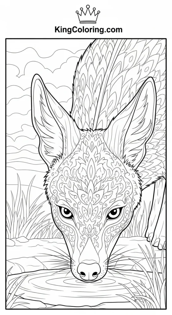 Jackal Drinking From A Small Waterhole Coloring Sheet