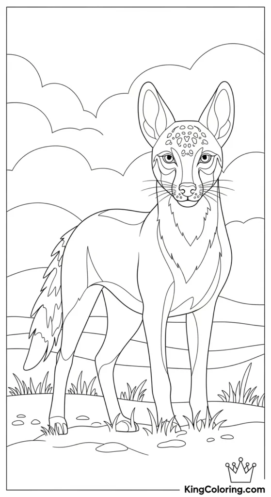 Jackal Trotting Across Open Plains Printable Coloring Page.