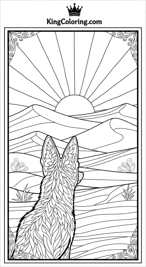 Jackal Watching Sunrise On Dunes Coloring Page