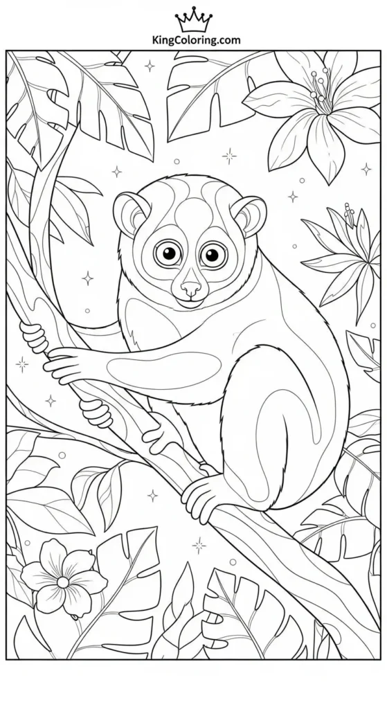 Jungle Scene Featuring A Gentle Loris Printable Coloring Page.