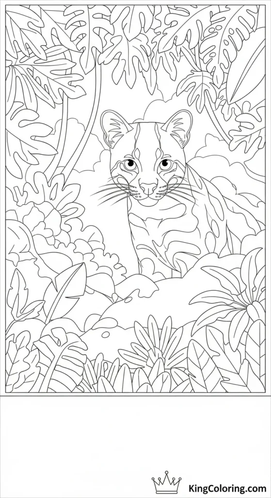 Jungle Scene Featuring A Stealthy Ocelot Printable Coloring Page