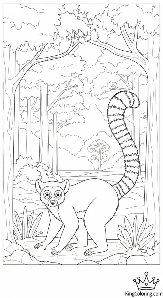 Lemur Exploring Rainforest Path Printable Coloring Page.