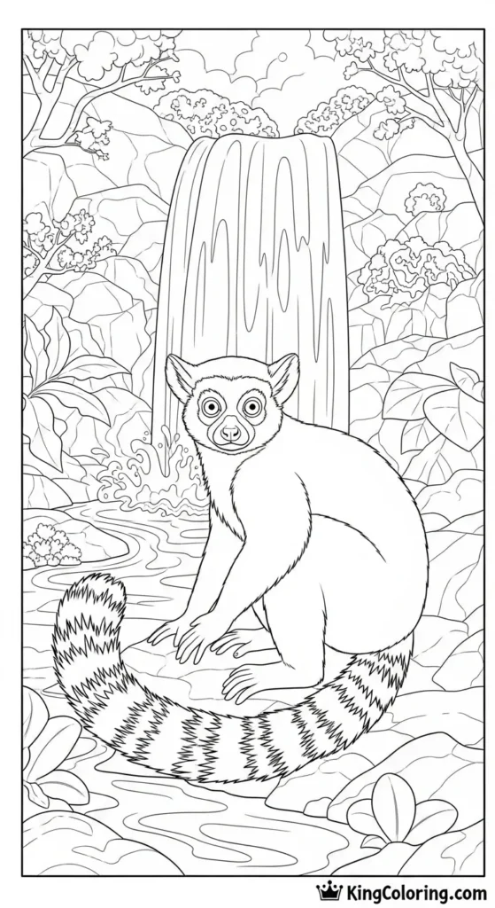 Lemur Sitting Near Waterfall Coloring Sheet
