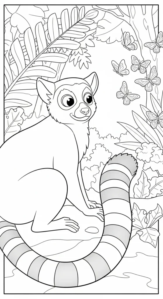 Lemur Watching Butterflies In Jungle Coloring Sheet