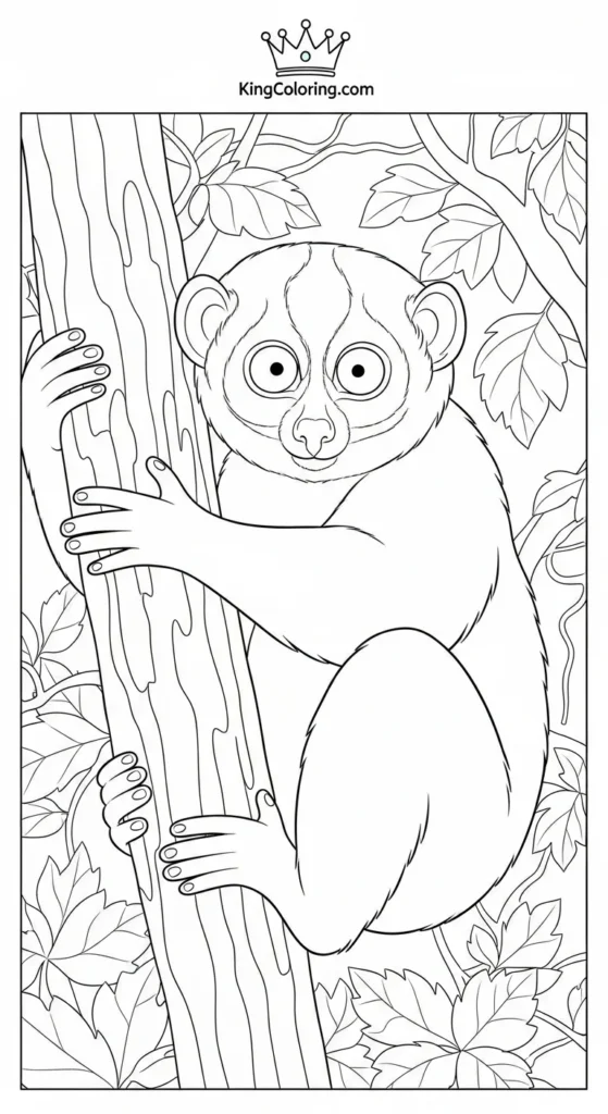 Loris Clinging To Tree Trunk Coloring Sheet.
