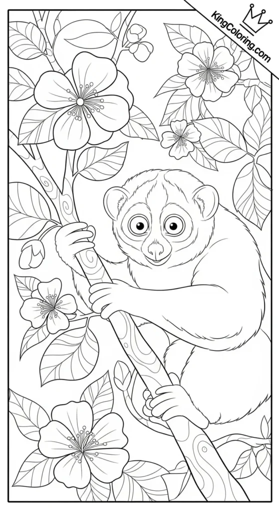 Loris Exploring A Flowering Tree Printable Coloring Page