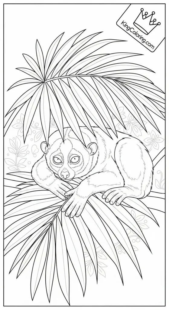 Loris Resting Under Palm Leaves Printable Coloring Page.