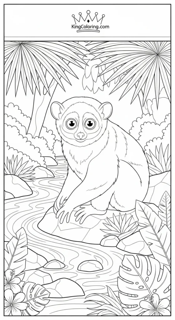 Loris Sitting Beside Tropical Stream Coloring Sheet